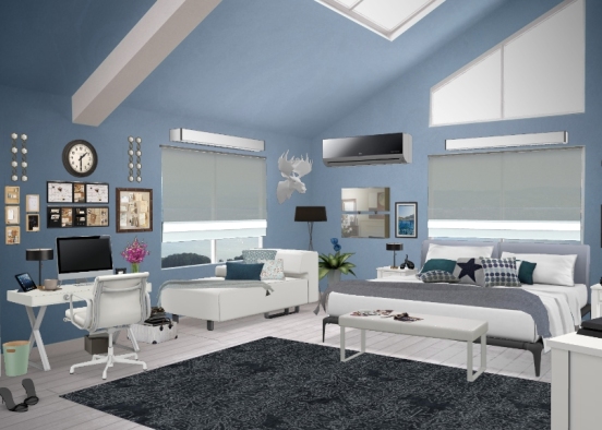 Bedroom with views to adore, blue like the ocean with a touch of white.. Unexpected decor that makes it just right.. Relaxing safe place!! Big bed, huge tv to help you sleep..  Design Rendering