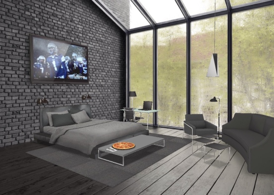 black leather, glass and chrome bachelor pad Design Rendering