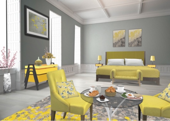 Yellow and Gray Bedroom Design Rendering