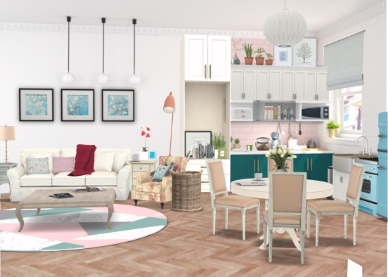 Pastel Kitchen, Living and Dining Room Design Rendering