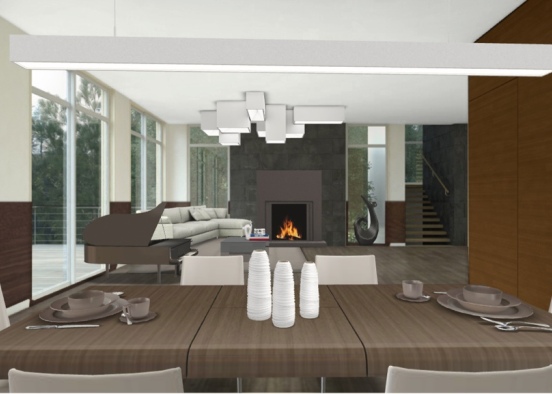Dining and living room (brown, black, grey and white) Design Rendering