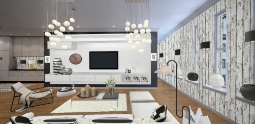 Wohnzimmer schwarz weiss Holz 
