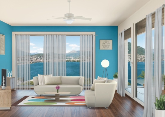 Turquise themed living room with beautiful view Design Rendering