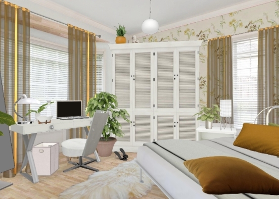 Mustard, Green, White Zen Bedroom Design Rendering