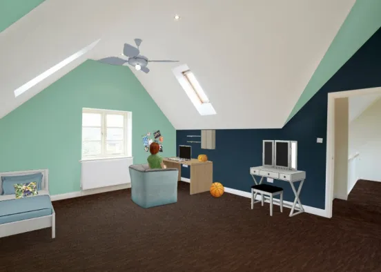 Relaxing/darker color but bright room/ upstairs attic room/ ceiling fan/desk Design Rendering