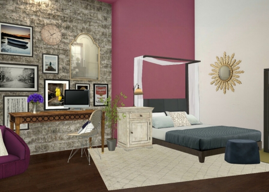 Purple_bedroom and desk Design Rendering