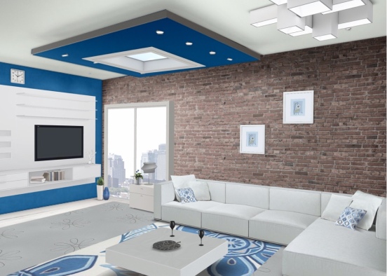 Design blue grey white themed living room Design Rendering