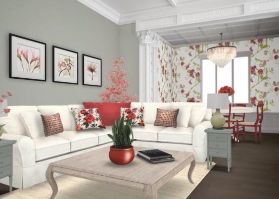 Shabby Chic Living Room & Dining Niche Design Rendering