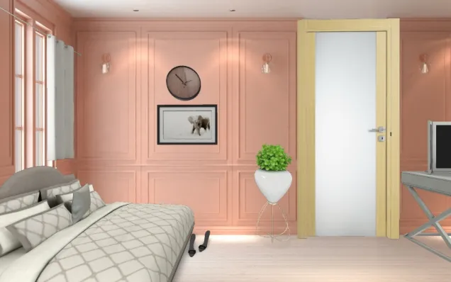 Pink room with walk-in and queen bed
