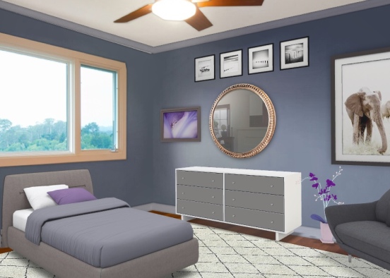 grey and purple comfy bedroom Design Rendering