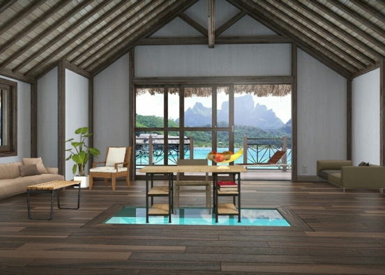 Salon d'une jolie cabane à Hawaï Design Rendering