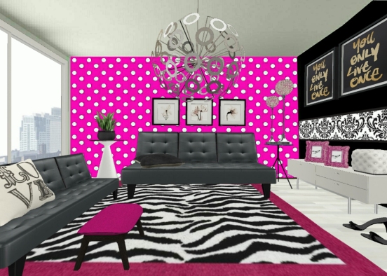 PINK, BLACK AND WHITE GIRLIE LIVING ROOM - Bold Color Contest Design Rendering