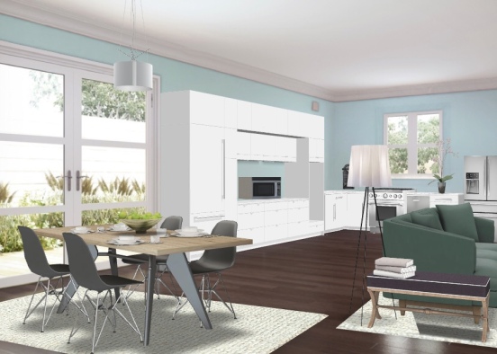 Suburban style kitchen + dinning room + living room Design Rendering