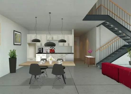 It'kitchen, dining room and living room Design Rendering