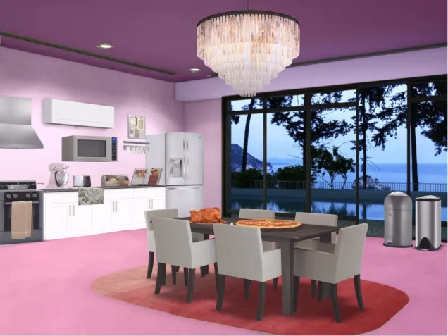 Pink and Purple Dining Room and Kitchen