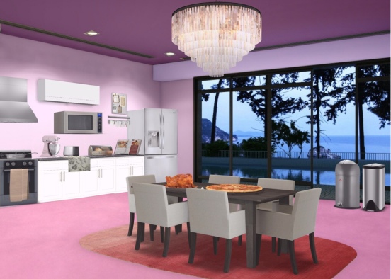 Pink and Purple Dining Room and Kitchen Design Rendering