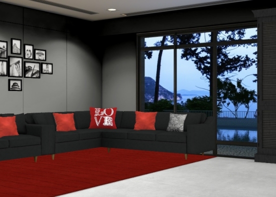 Minimal red living room Design Rendering