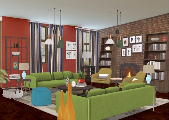 50s inspired Retro Living Room Design Rendering