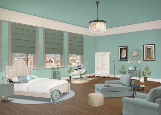 Monochrome blue-green bedroom Design Rendering