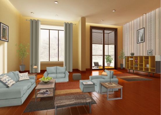 Yellow living room with casual furnishings.  Design Rendering