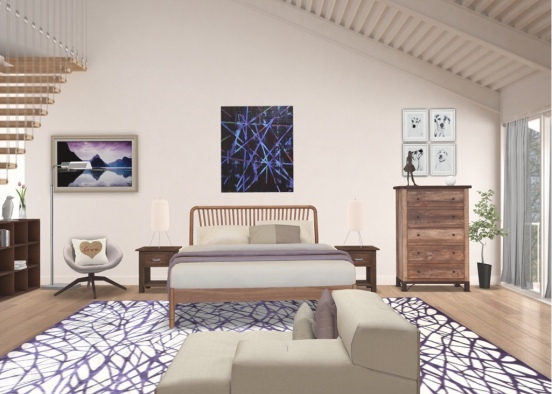 A bedroom with sparks of purple Design Rendering