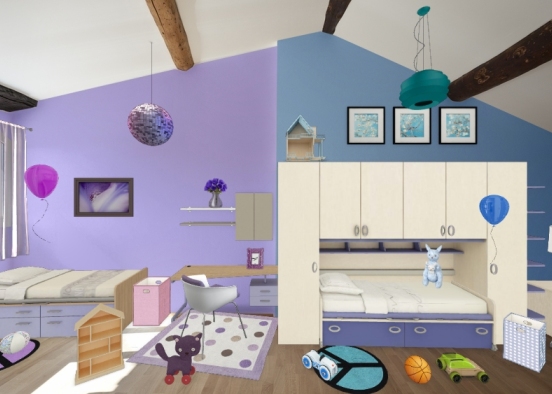 Chambre d'enfant bleu et violette fille et garçon Design Rendering