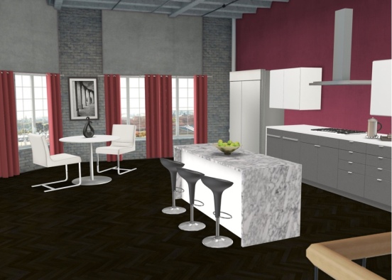 Red black and white kitchen industrial  Design Rendering