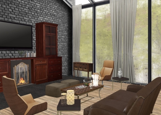 Leather/wood mid century modern living room Design Rendering