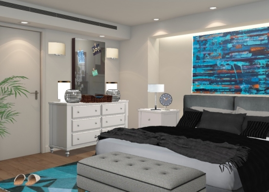 This design is of a modern bedroom. I've used the blue painting to match the blue rag. It is a very simple design yet very elegant at the same time. Design Rendering