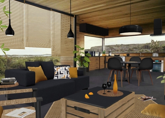 Salon&Cuisine #2 Black, Wood&Touch Of Mustard Design Rendering