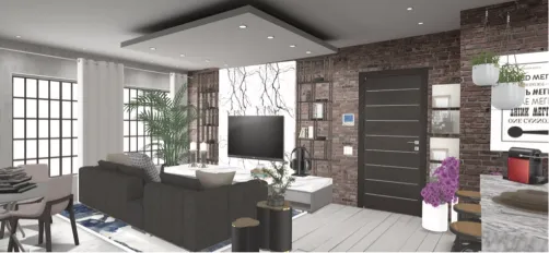 pequeño apartamento, dándole personalidad con panel de mármol de tv y mueble con librerías de hierro a los lados. 
