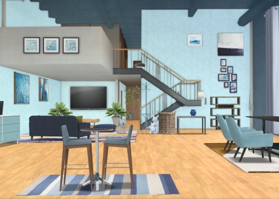 living room in blue style Design Rendering