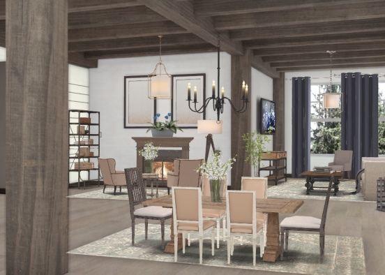Farm house great room and dinette.  Design Rendering