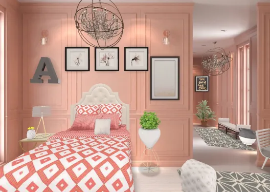 Girls Pink Modern Bedroom Design Rendering