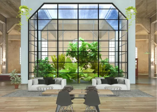 Modern Dining Room, Greenhouse, and Living Room Design Rendering