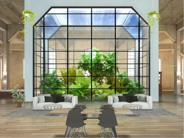 Modern Dining Room, Greenhouse, and Living Room