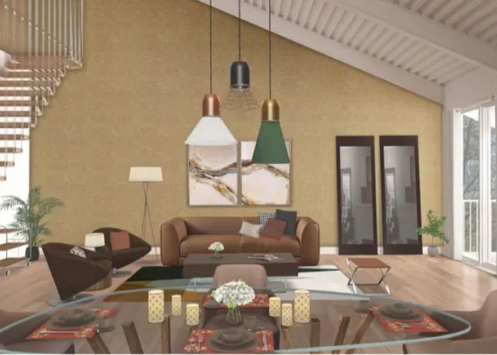 Living room + Dining on the ground floor of the studio. Design Rendering