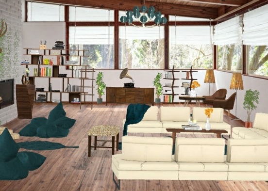 Farmhouse living room with a bookaholic space Design Rendering