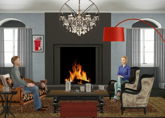 Living Room with pops of red  Design Rendering