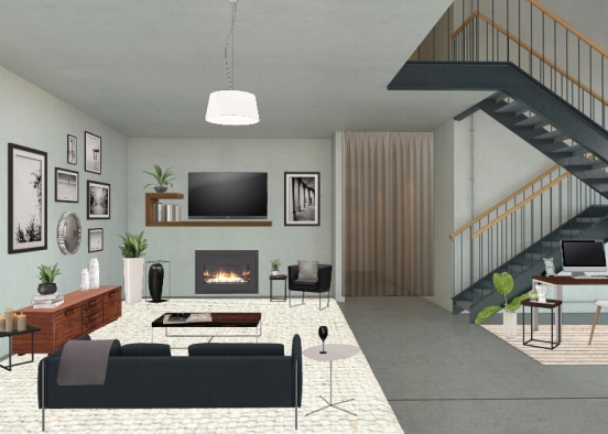 Wood and Metal Living Room Design Rendering