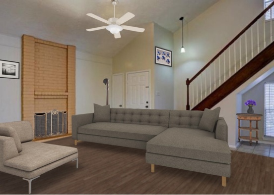 Living room with brown sofa and chaise ceiling fan  Design Rendering