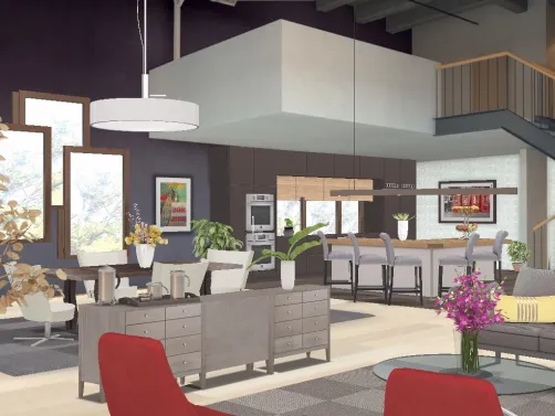 Kitchen, plus dining room and living room. In blacks, dark gray, with pops of red and yellow.