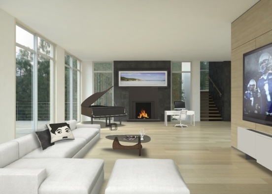 Modern Living Room with Desk Design Rendering