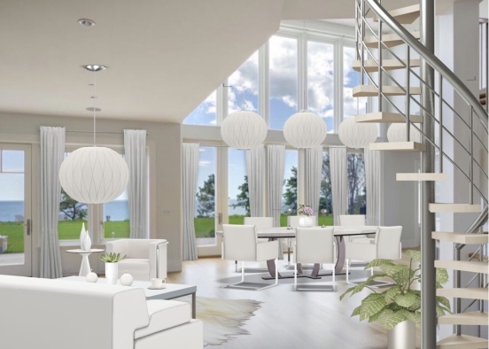 Contemporary white living and dining rooms.  Design Rendering