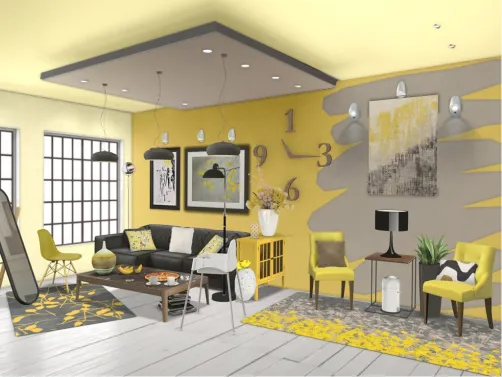 Yellow and brown living room...