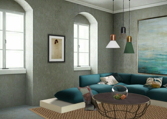 industrial inspired blue green living room Design Rendering