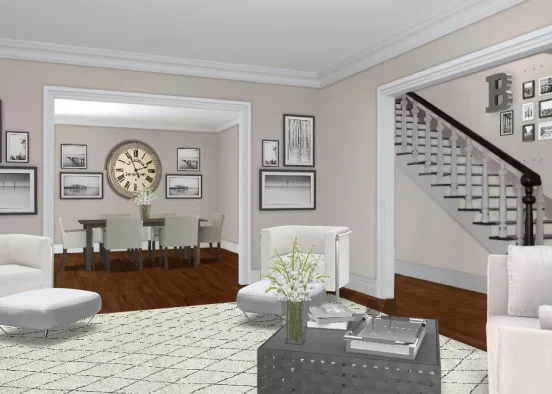 White, Grey, and Black Living Room Design Rendering
