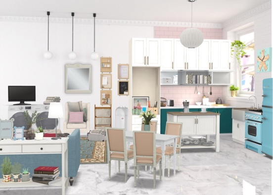 Pastel Kitchen, Living, Laundry and Dining Room Design Rendering