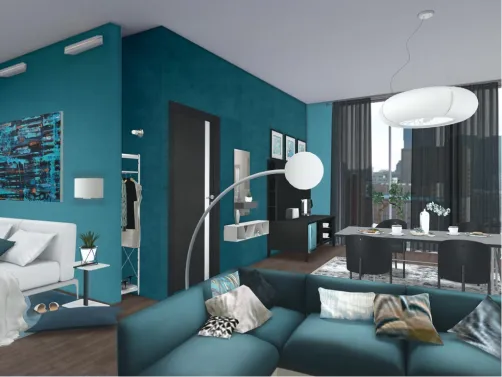 Hotel room in black and teal. thx for this challenge Atoo 👍🏻👍🏻. my inspiration was an old hotel I stayed in that had bright teal walls that made my eyes bleed 😖😖 it was so horrible I asked for another room, it had bright mustard yello