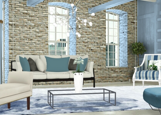 Blue and white Living Room  Design Rendering